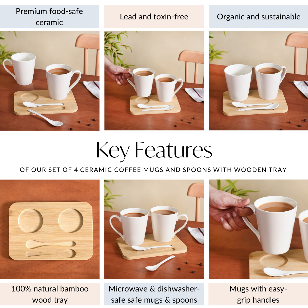 Coffee Mugs And Spoons With Wooden Tray For Two 350ml