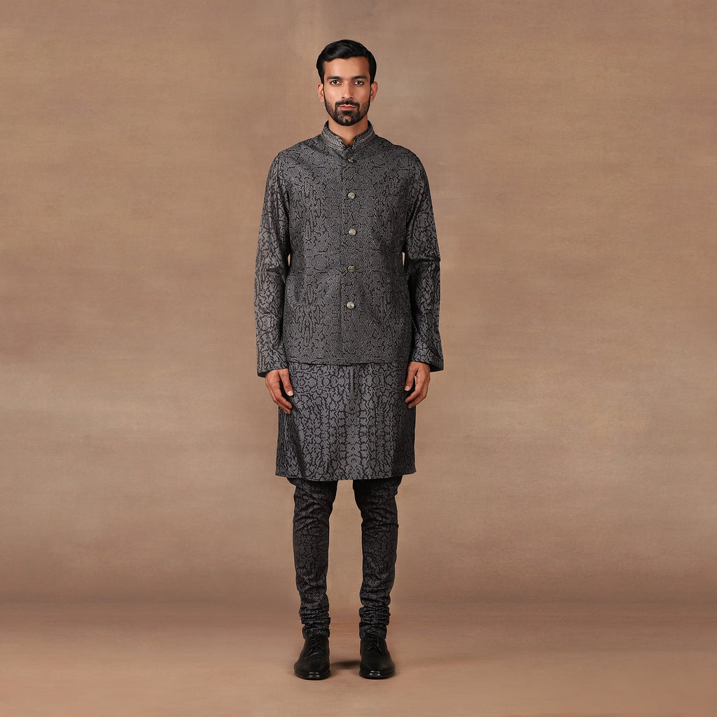 Charcoal Black Nehru Jacket Set | MURAQQA