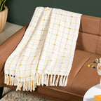 Checkered White And Mustard Yellow Tassel Cotton Throw