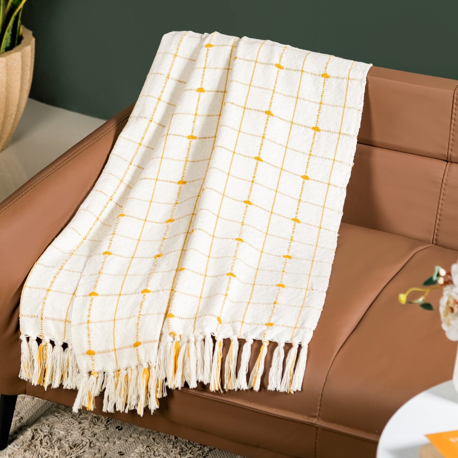 Checkered White And Mustard Yellow Tassel Cotton Throw