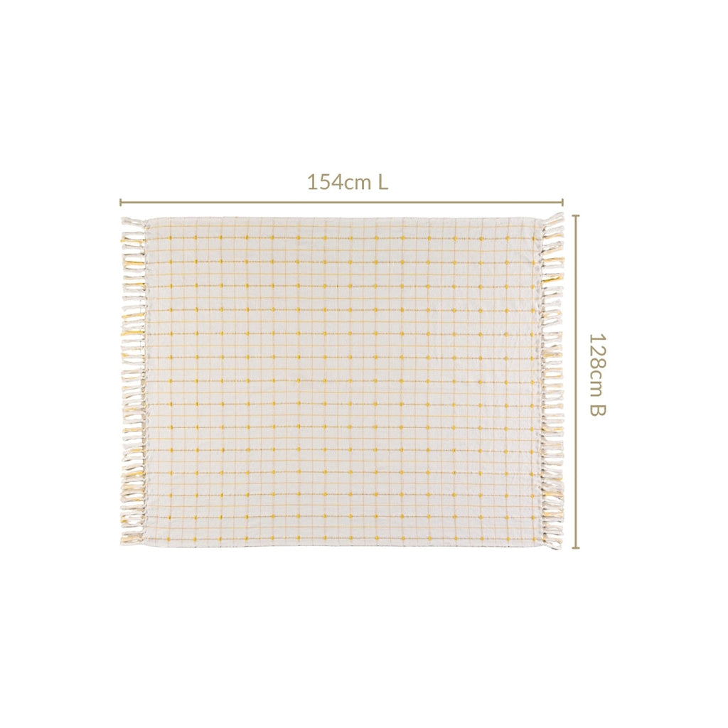 Checkered White And Mustard Yellow Tassel Cotton Throw