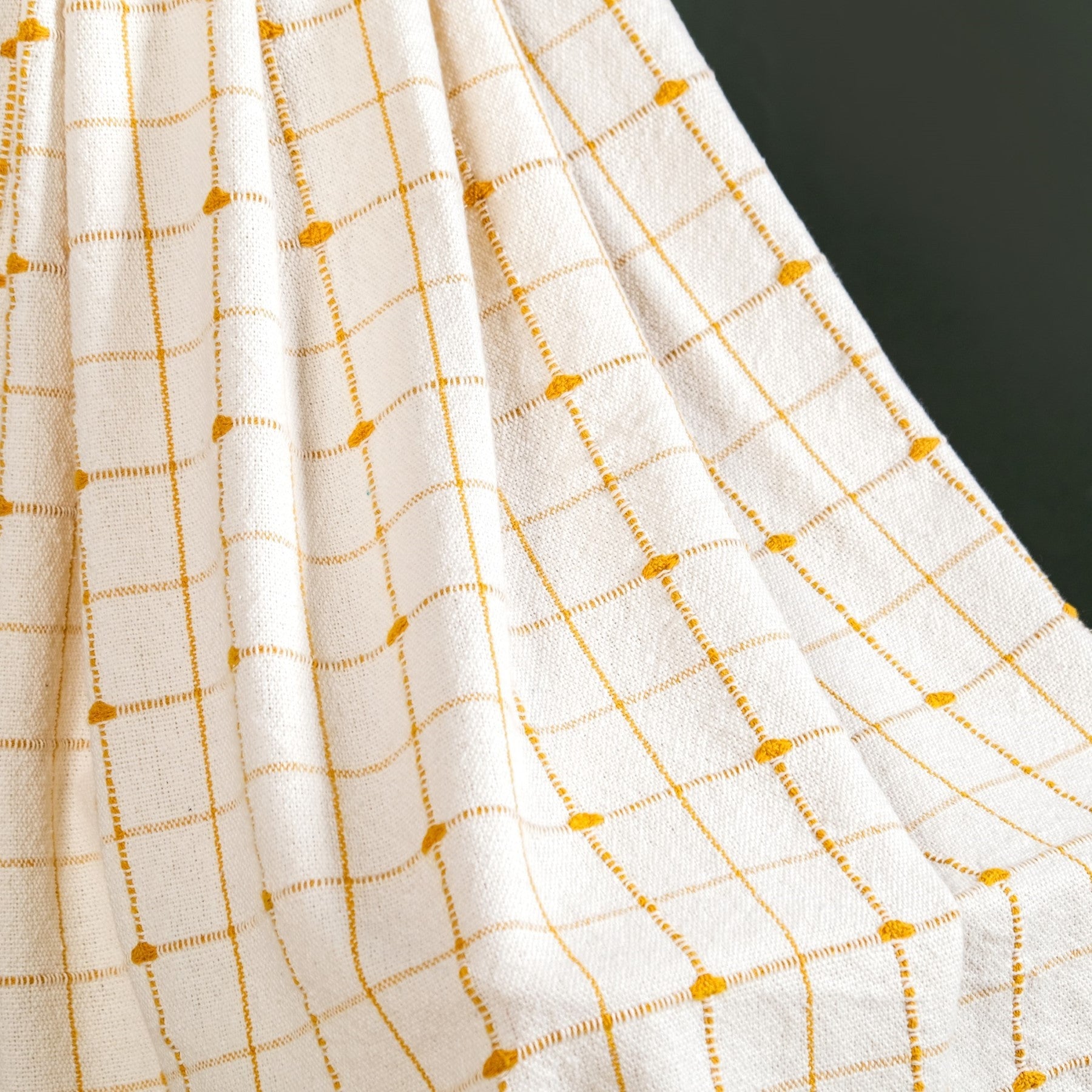 Checkered White And Mustard Yellow Tassel Cotton Throw