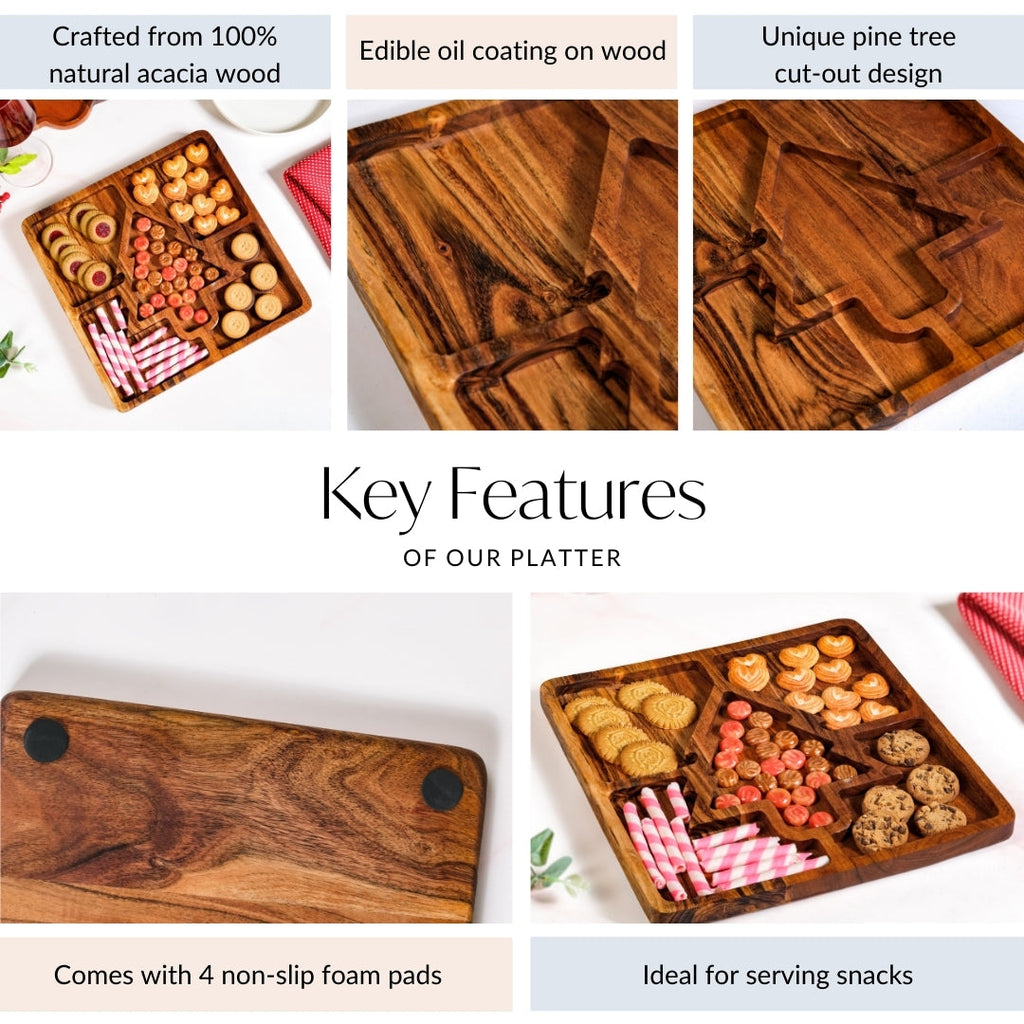 Christmas Tree Acacia Wood Serving Platter 30x30cm
