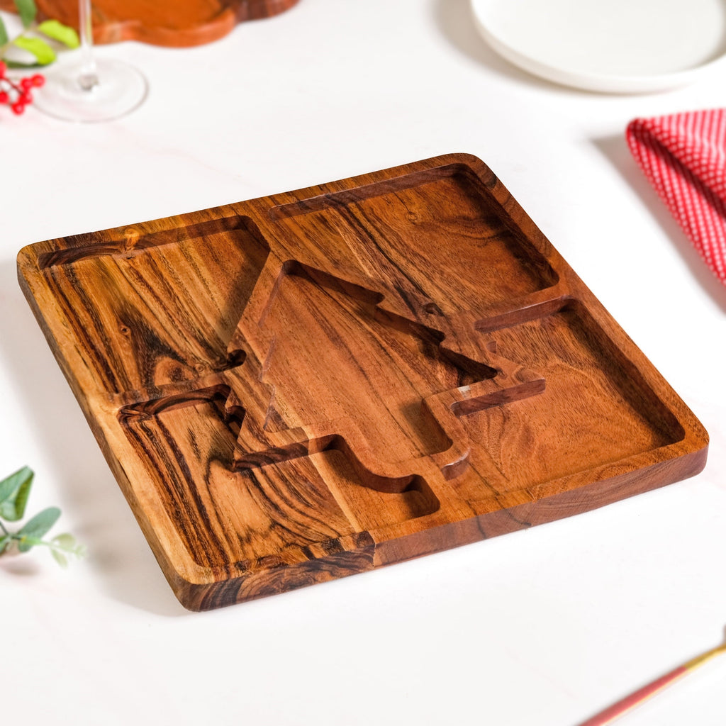 Christmas Tree Acacia Wood Serving Platter 30x30cm