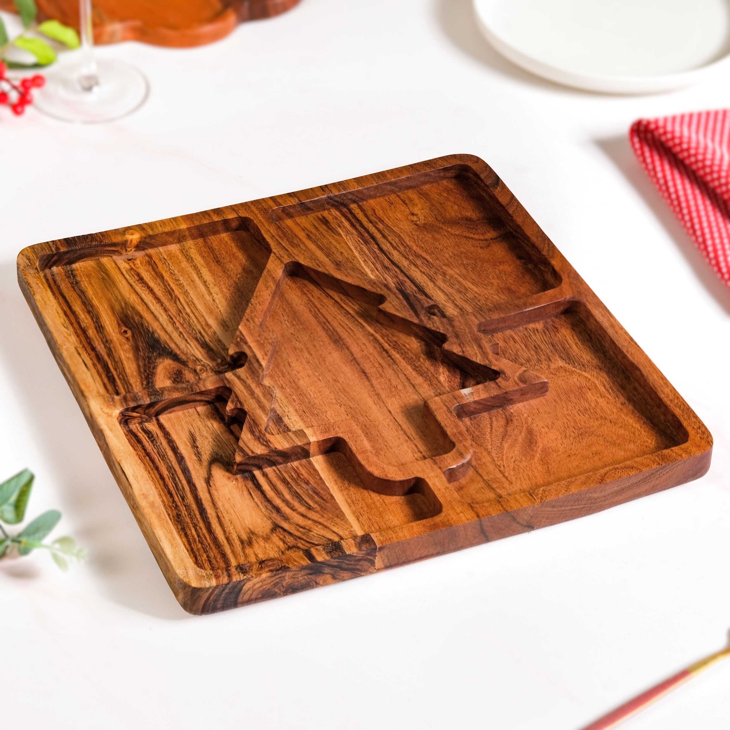 Christmas Tree Acacia Wood Serving Platter 30x30cm