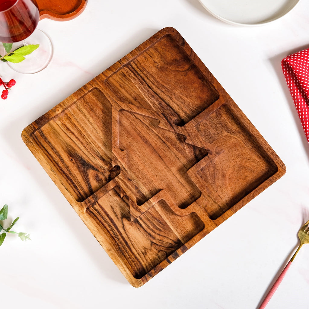 Christmas Tree Acacia Wood Serving Platter 30x30cm