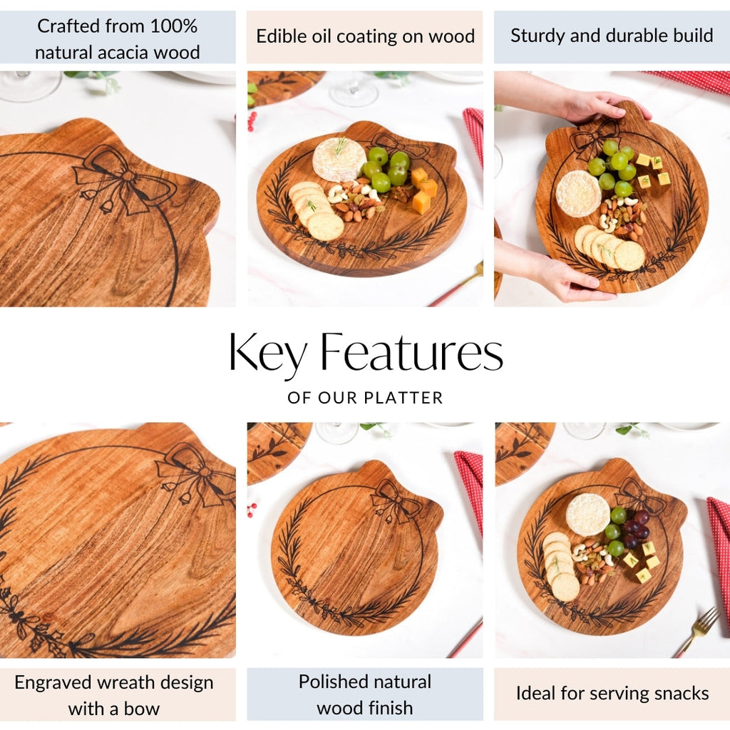 Christmas Wreath Acacia Serving Platter 30x29cm