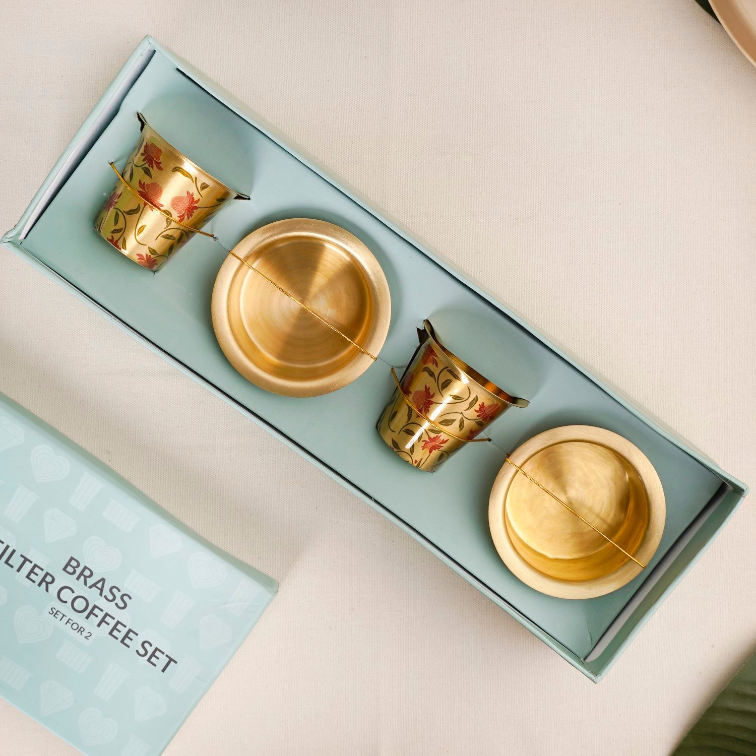 Chrysanthemums Pure Brass Filter Coffee Dabara Set For 2 With Gift Box