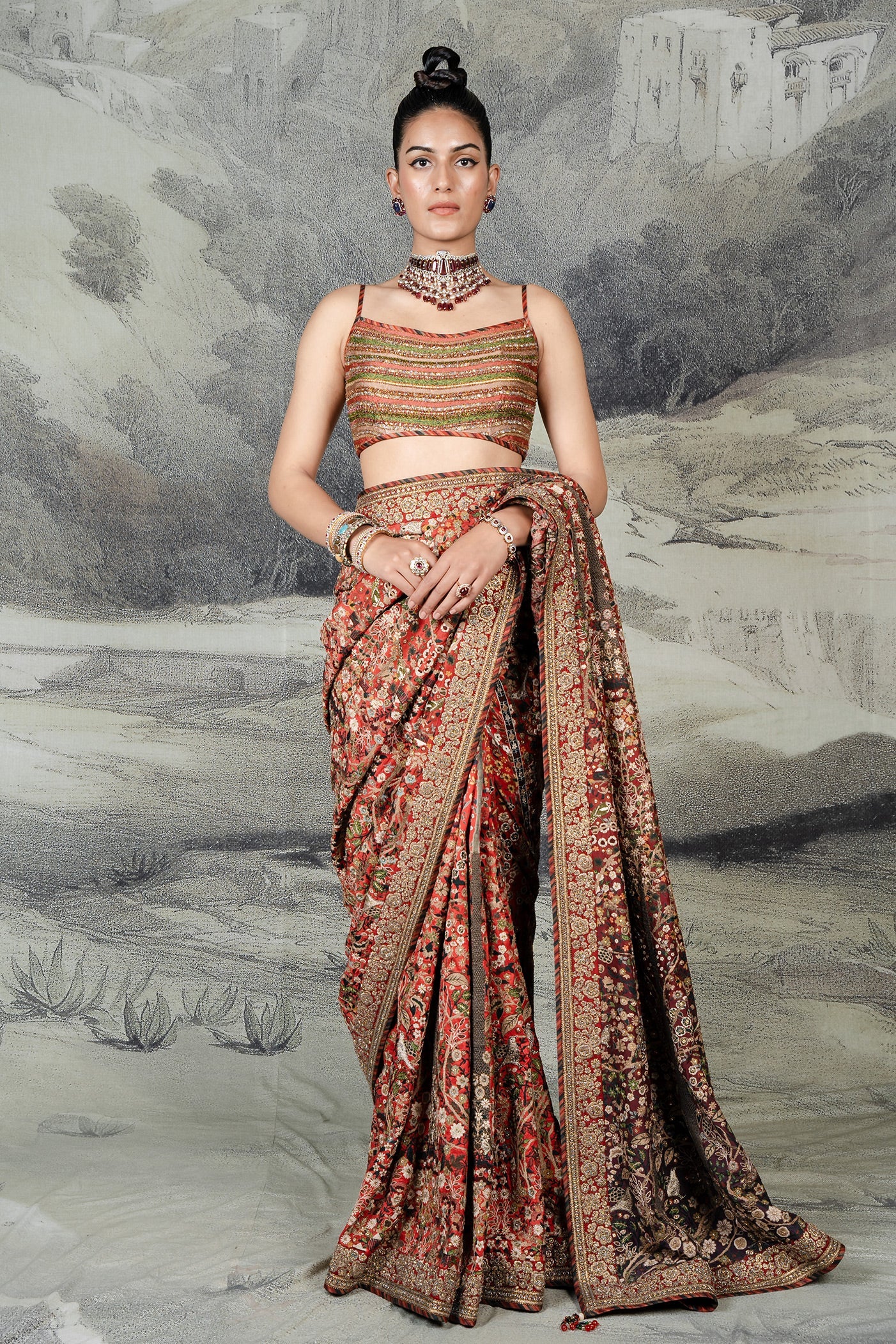 Classic Red Embroidered Saree Set | BARODA