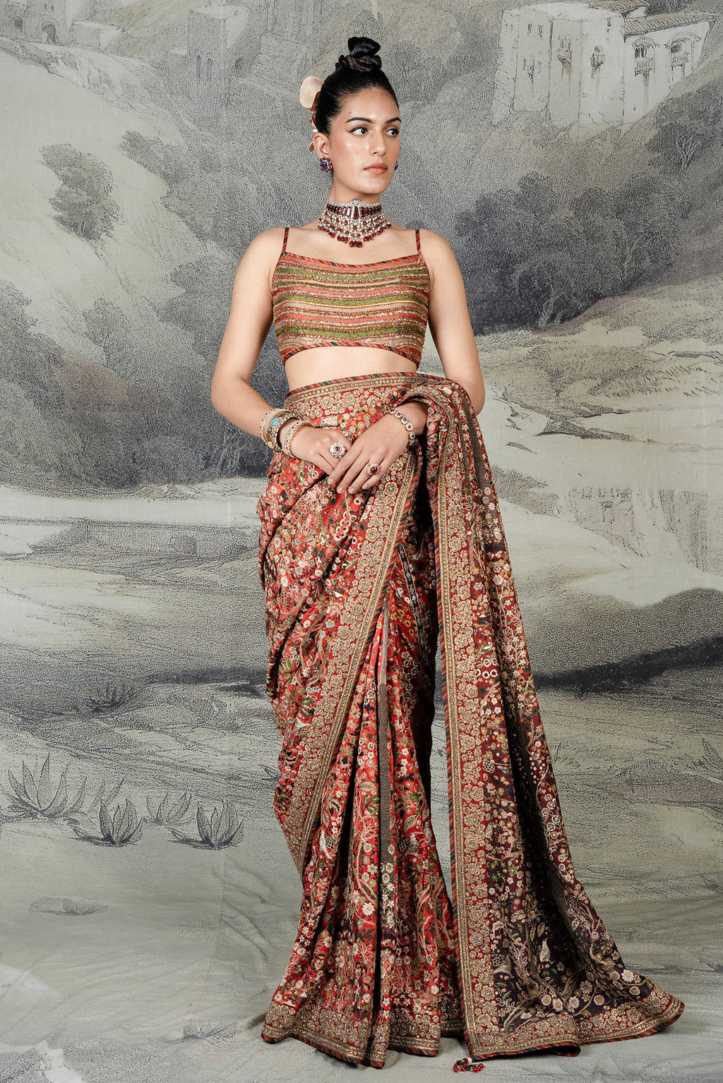 Classic Red Embroidered Saree Set | BARODA