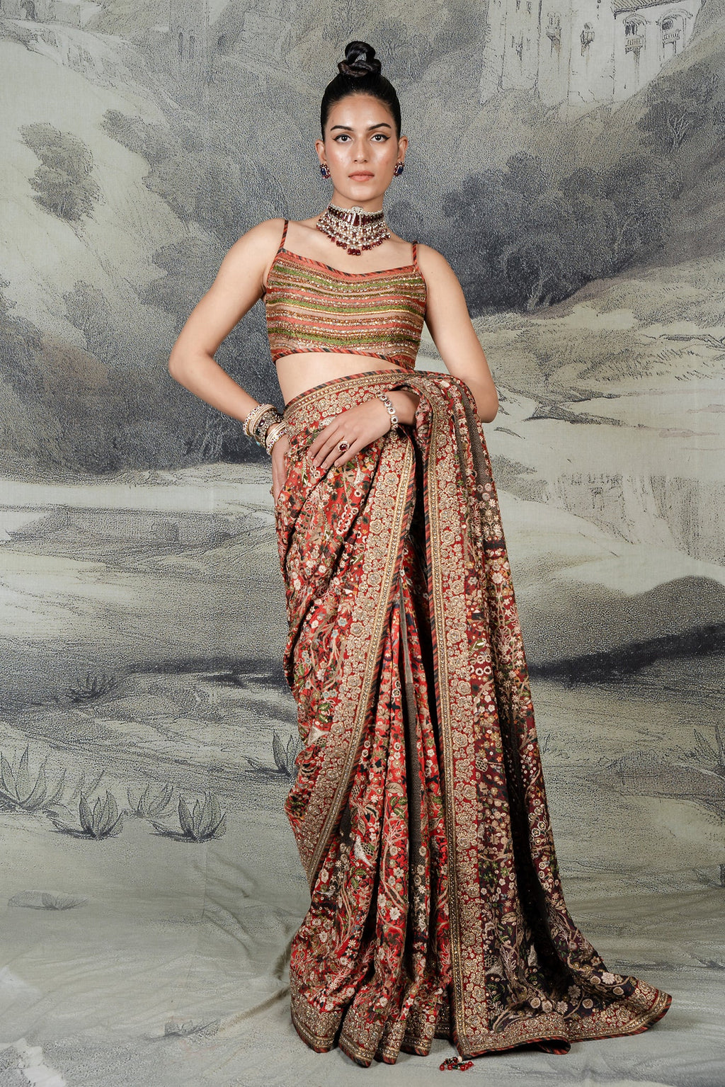 Classic Red Embroidered Saree Set | BARODA