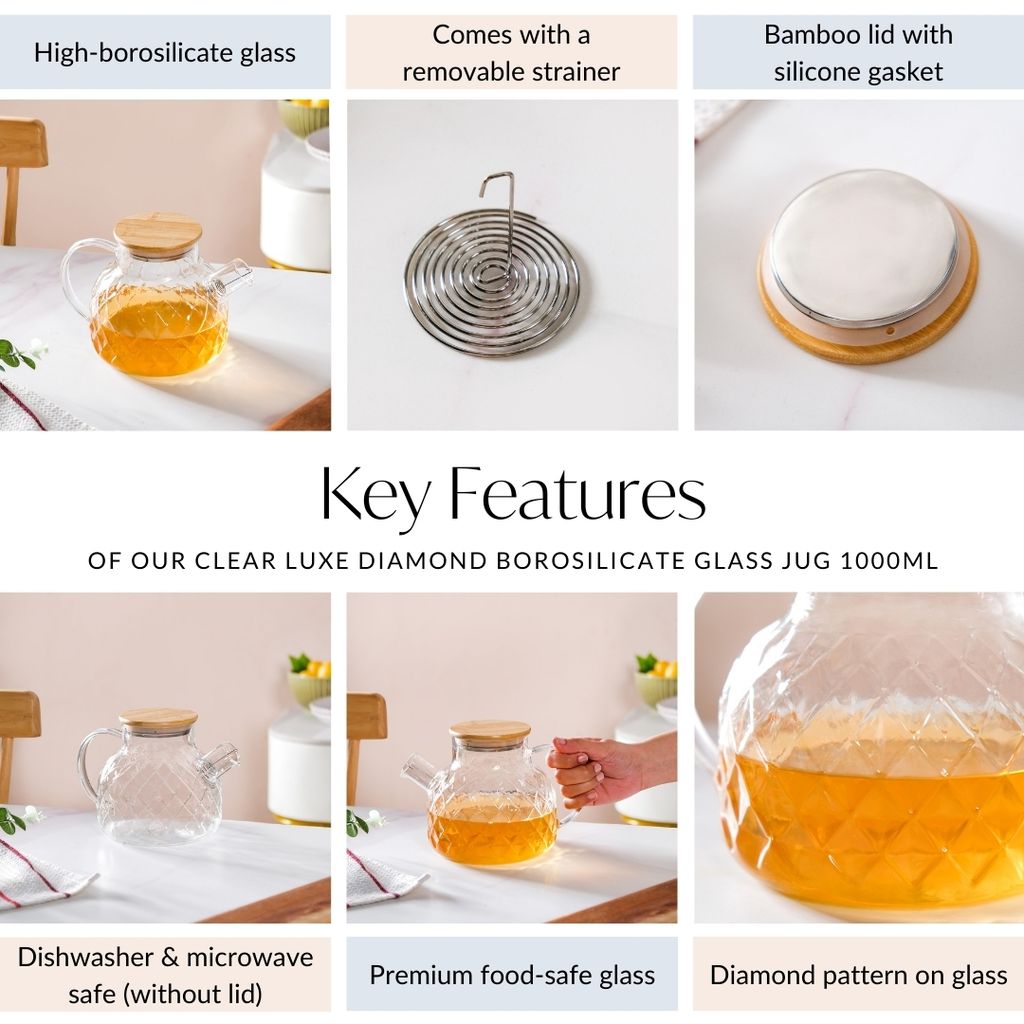 Clear Luxe Diamond Borosilicate Glass Jug 1000ml