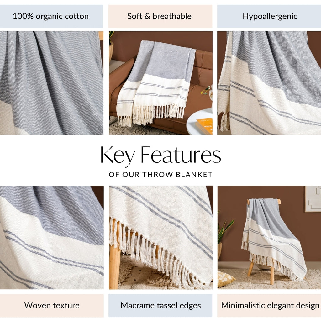 Coastal Blue And White Striped Cotton Throw With Tassels