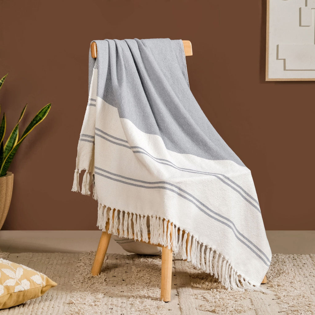 Coastal Blue And White Striped Cotton Throw With Tassels