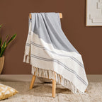 Coastal Blue And White Striped Cotton Throw With Tassels