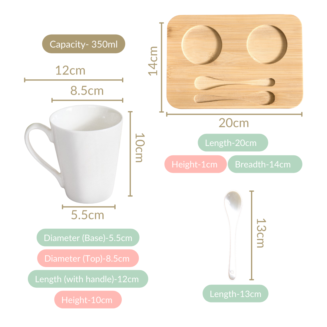 Coffee Mugs And Spoons With Wooden Tray For Two 350ml