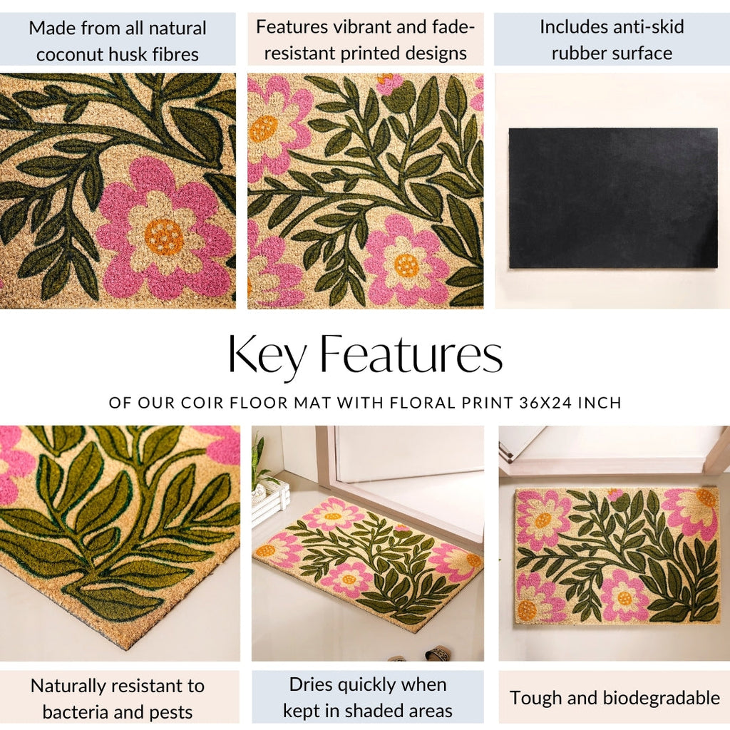 Coir Floor Mat With Floral Print 36x24 Inch