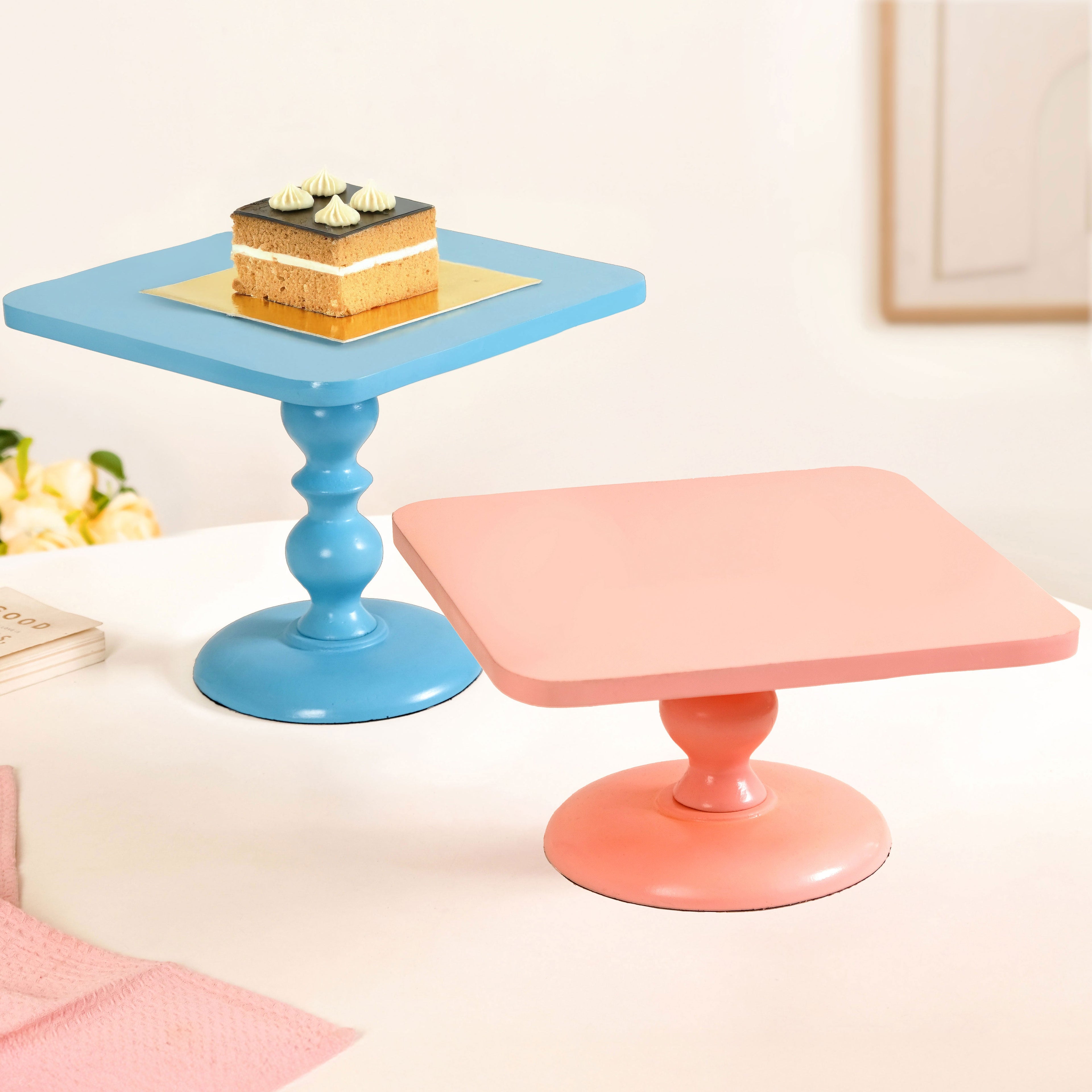 Colour Pop Square Riser Cake Stand Set Of 2 Peach Blue