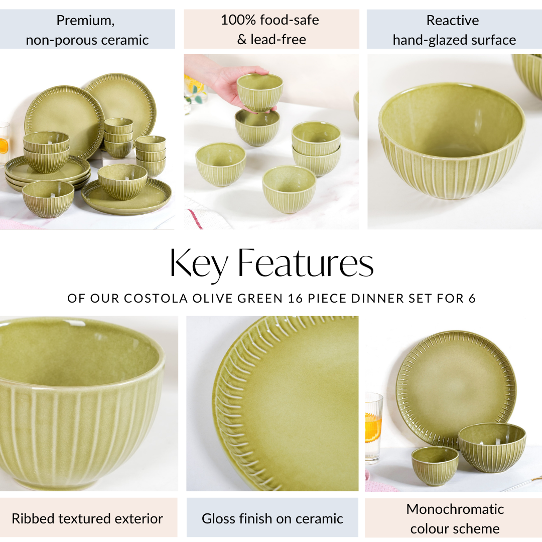 Costola Olive Green 16 Piece Dinner Set For 6