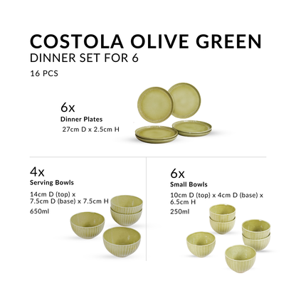 Costola Olive Green 16 Piece Dinner Set For 6