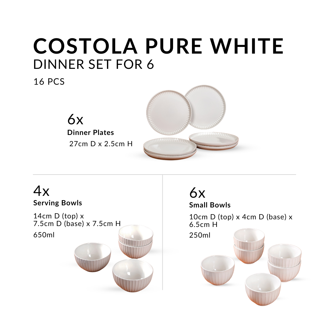 Costola Pure White 16 Piece Dinner Set For 6