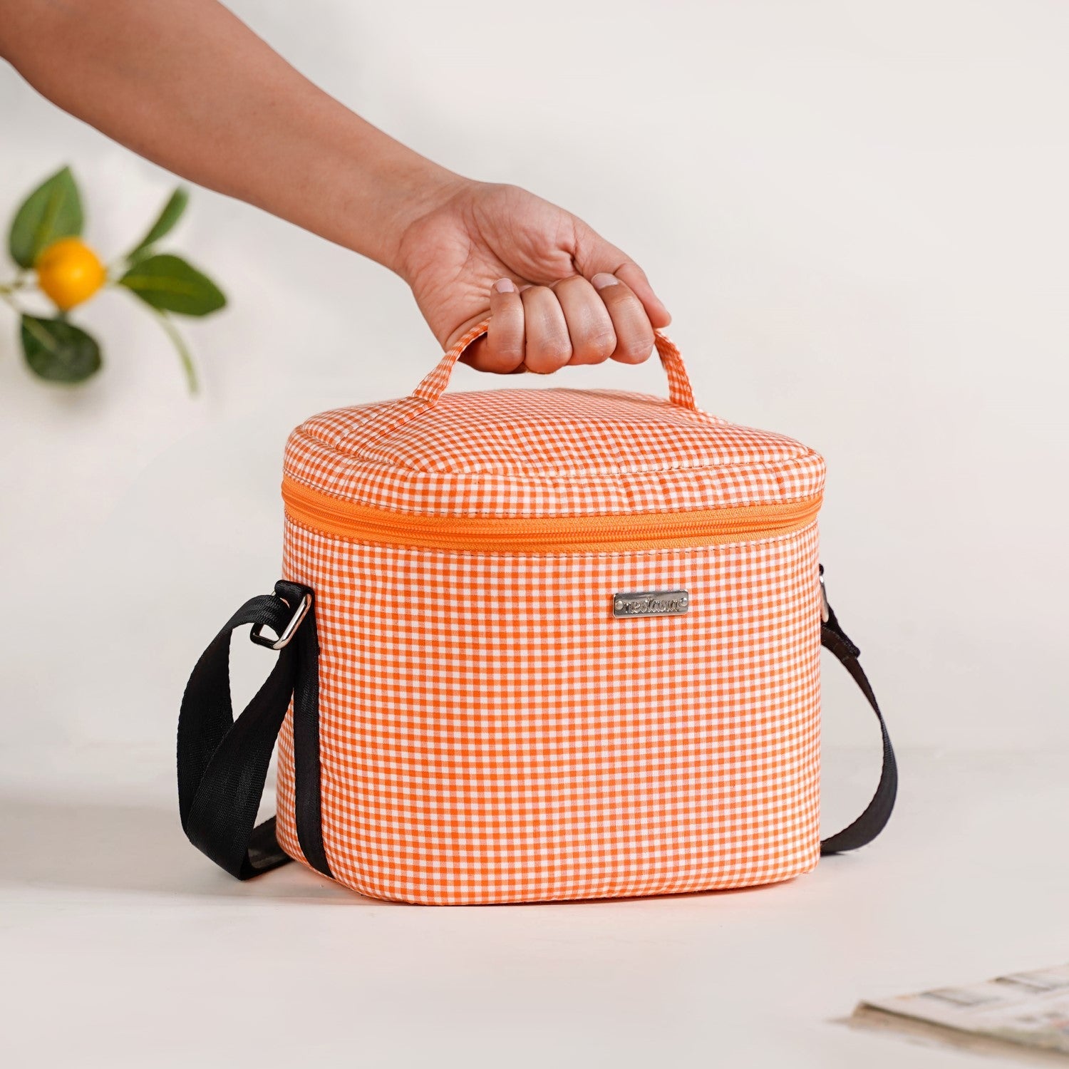 Checkered Thermal Lunch Bag Lunch Box Set Orange