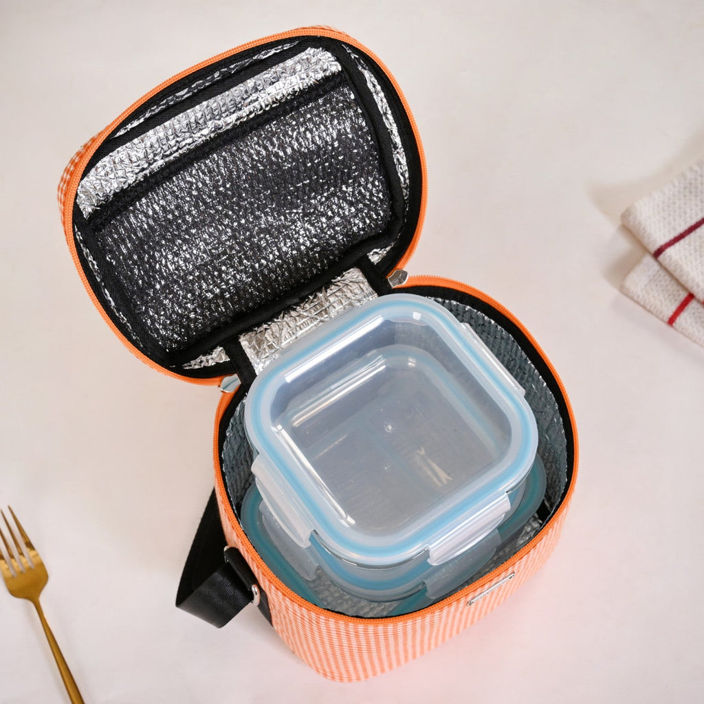 Checkered Thermal Lunch Bag Lunch Box Set Orange