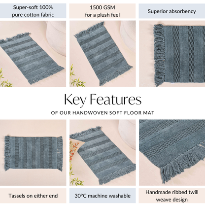 Set Of 2 Handwoven Ribbed Twill Plush Cotton Door Mats Blue 31x17 Inch