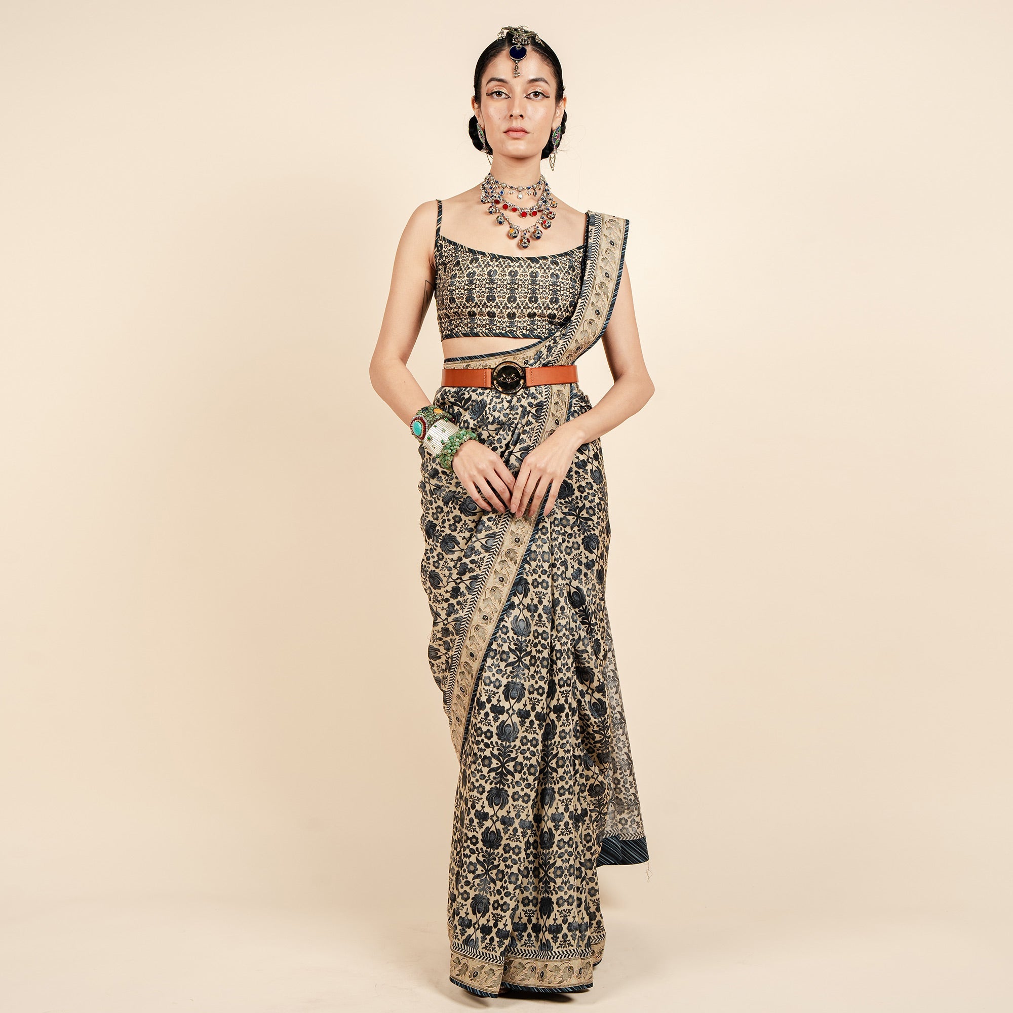 Crème Ivory - Blue Printed Saree Set | CHAR