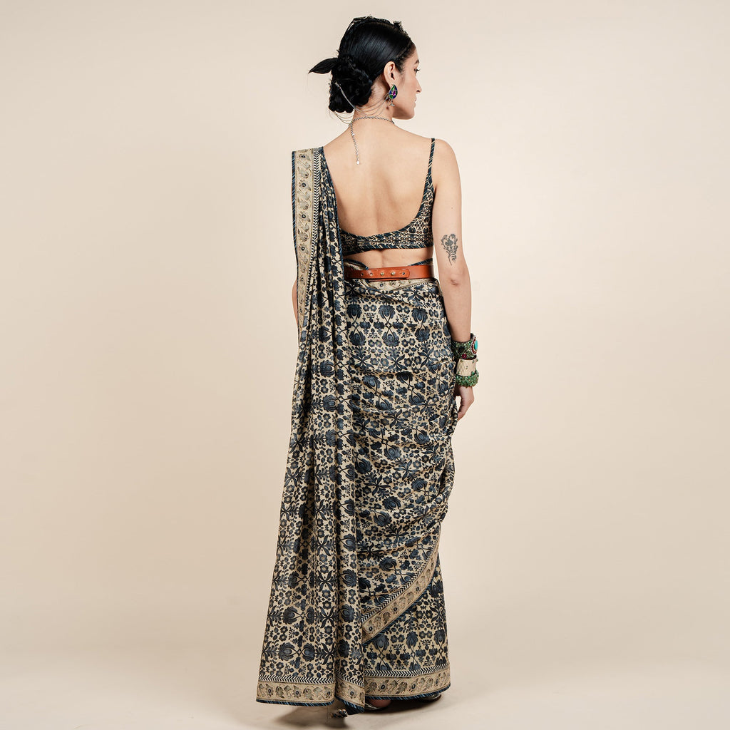 Crème Ivory - Blue Printed Saree Set | CHAR