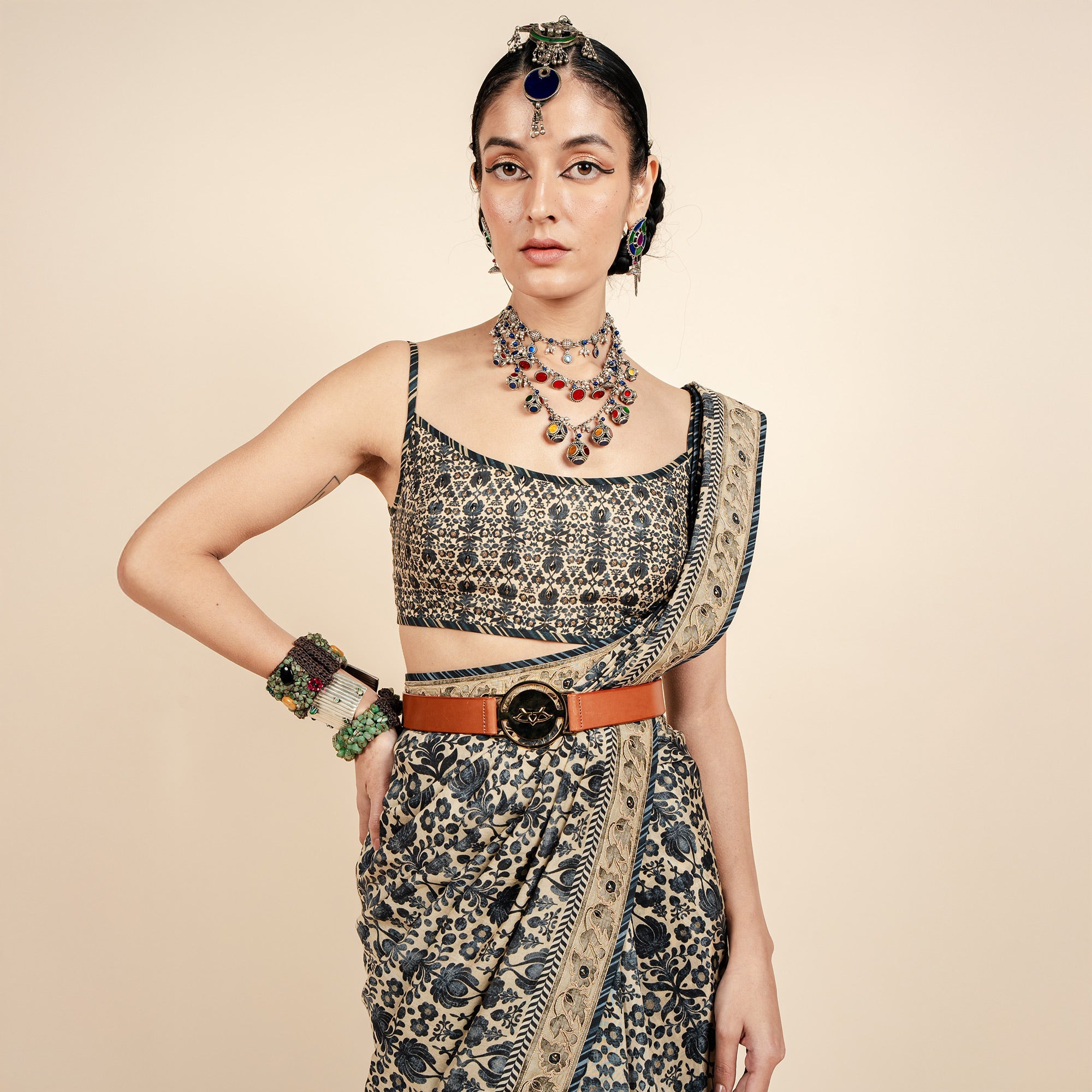 Crème Ivory - Blue Printed Saree Set | CHAR