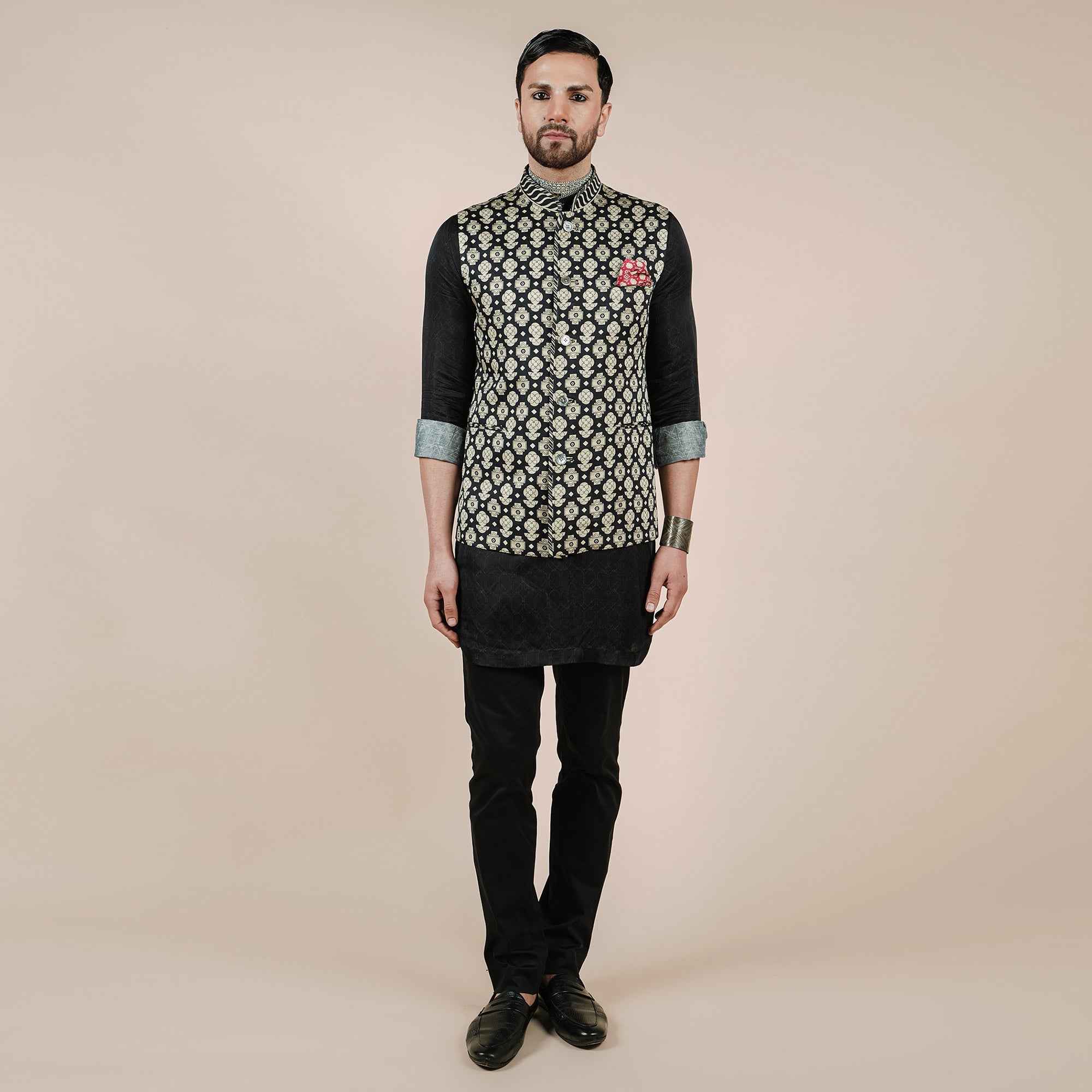 Crème Ivory Printed Nehru Jacket | CHAR