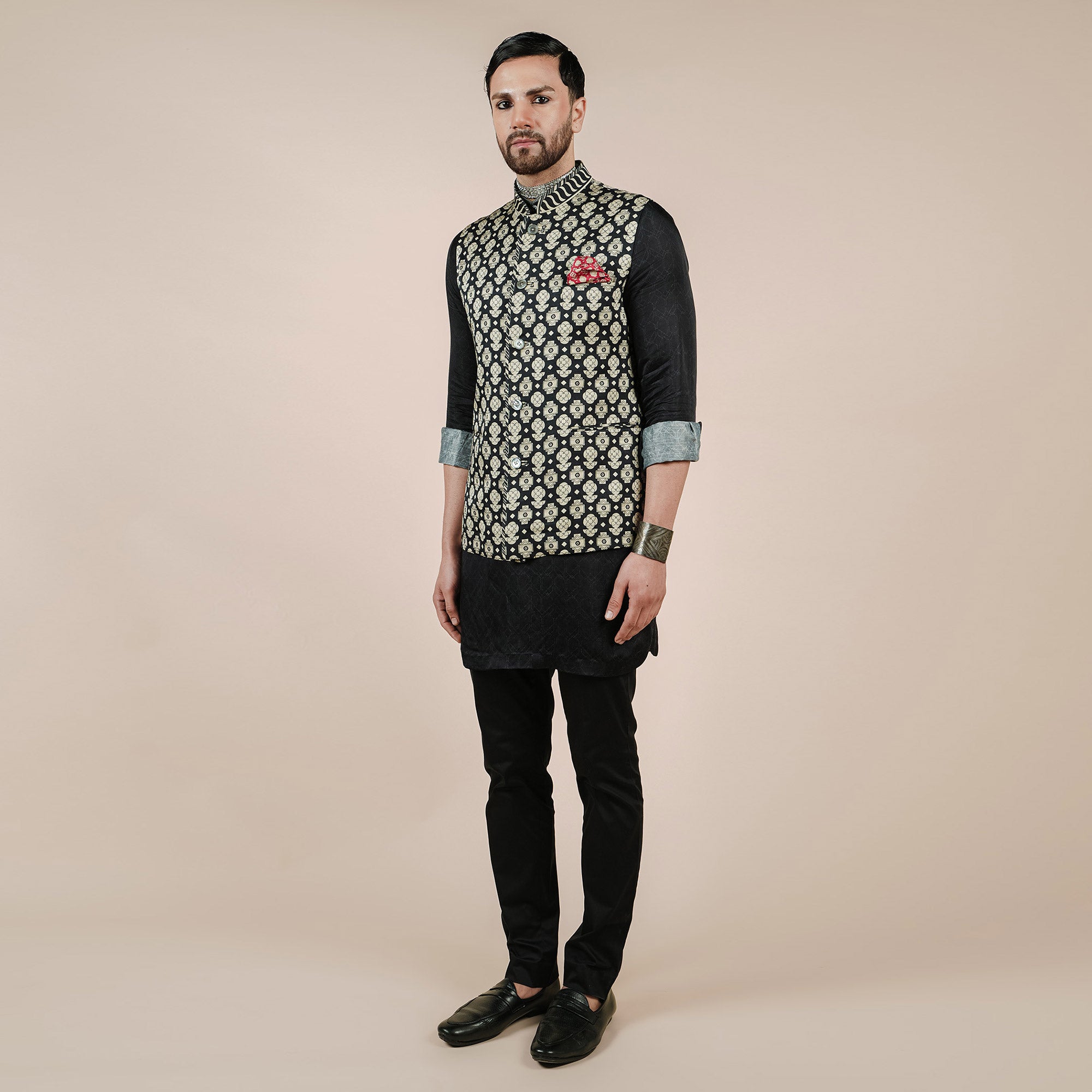 Crème Ivory Printed Nehru Jacket | CHAR
