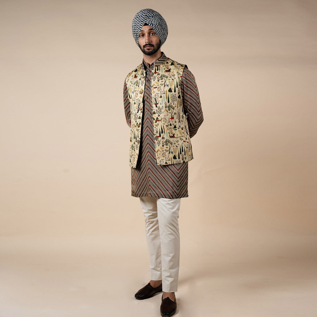 Crème Ivory Printed Nehru Jacket | PANJ