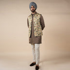 Crème Ivory Printed Nehru Jacket | PANJ