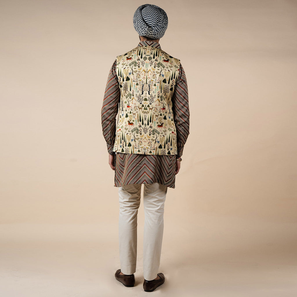 Crème Ivory Printed Nehru Jacket | PANJ