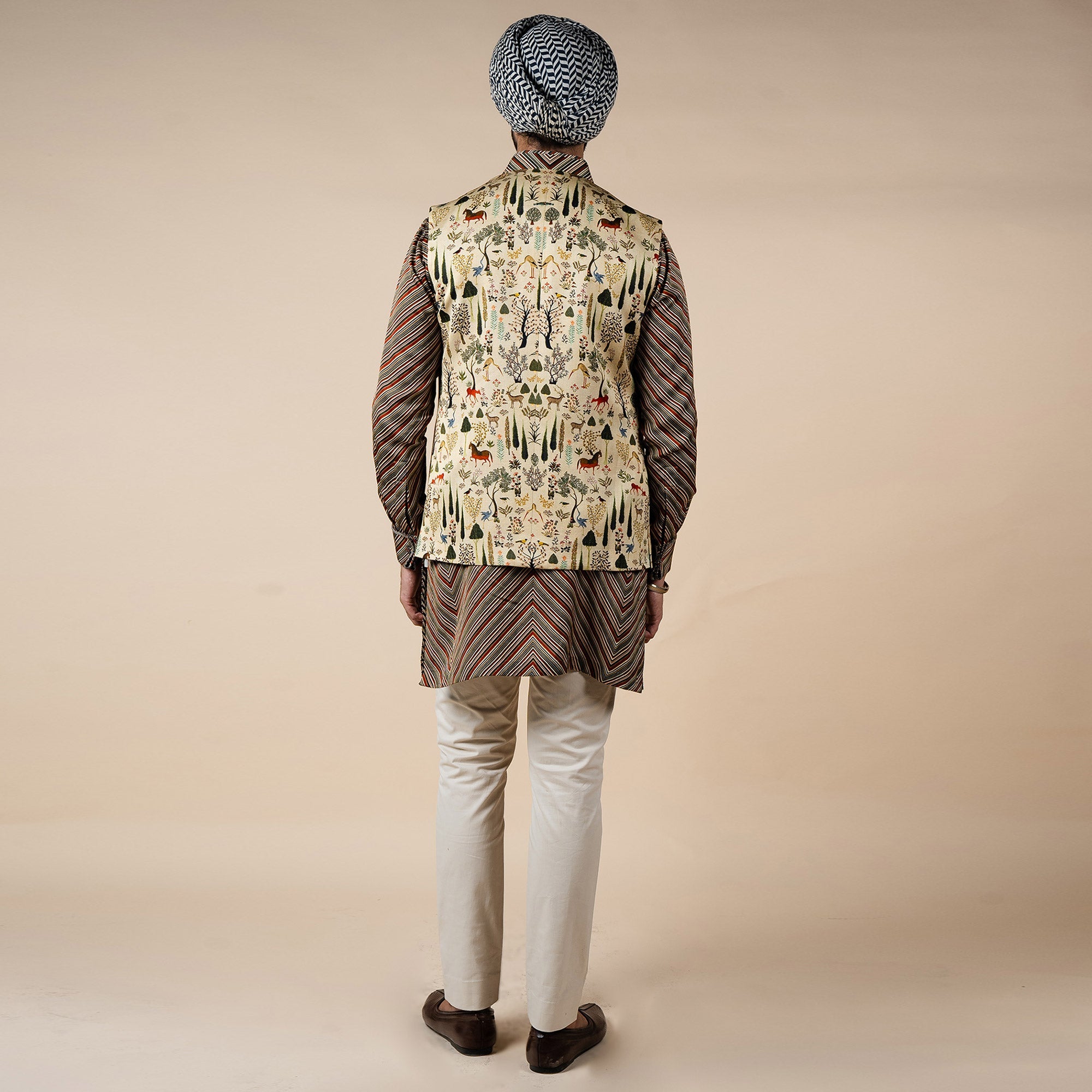 Crème Ivory Printed Nehru Jacket | PANJ