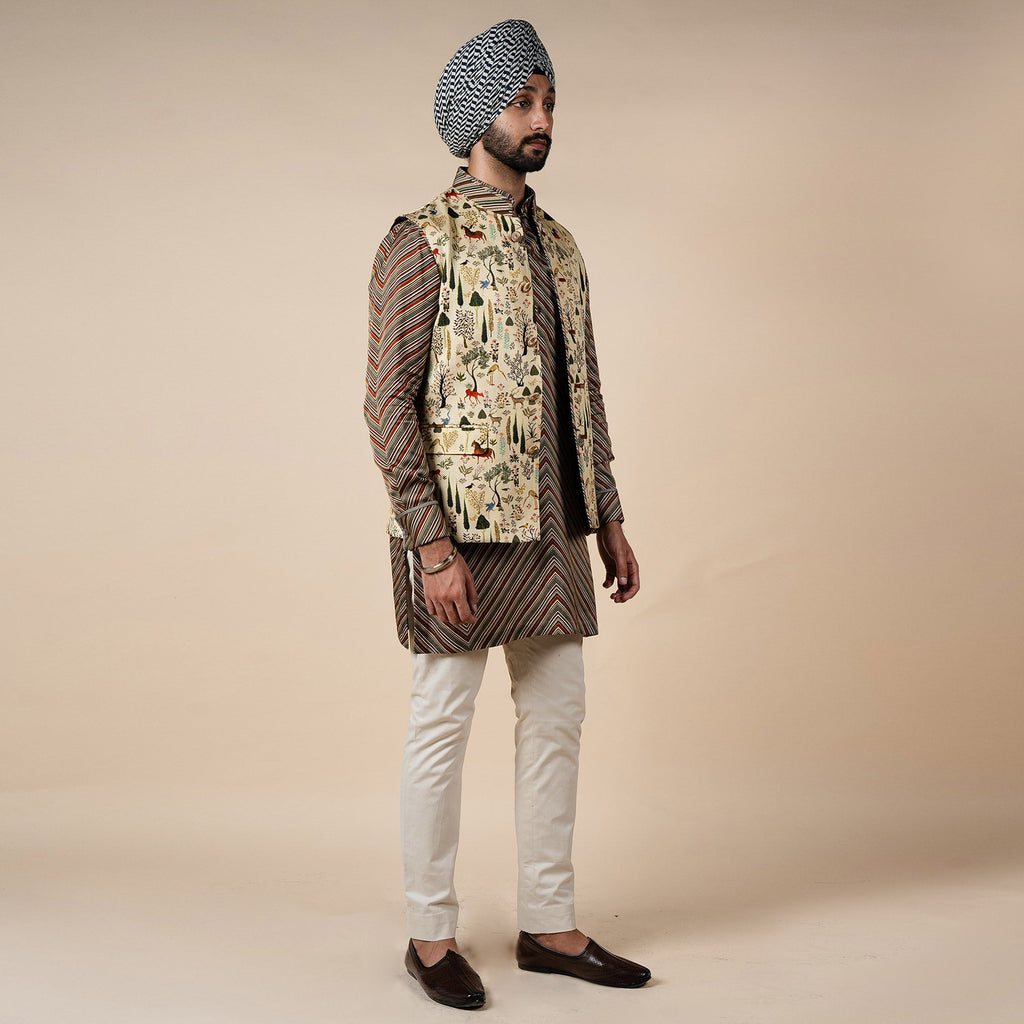 Crème Ivory Printed Nehru Jacket | PANJ