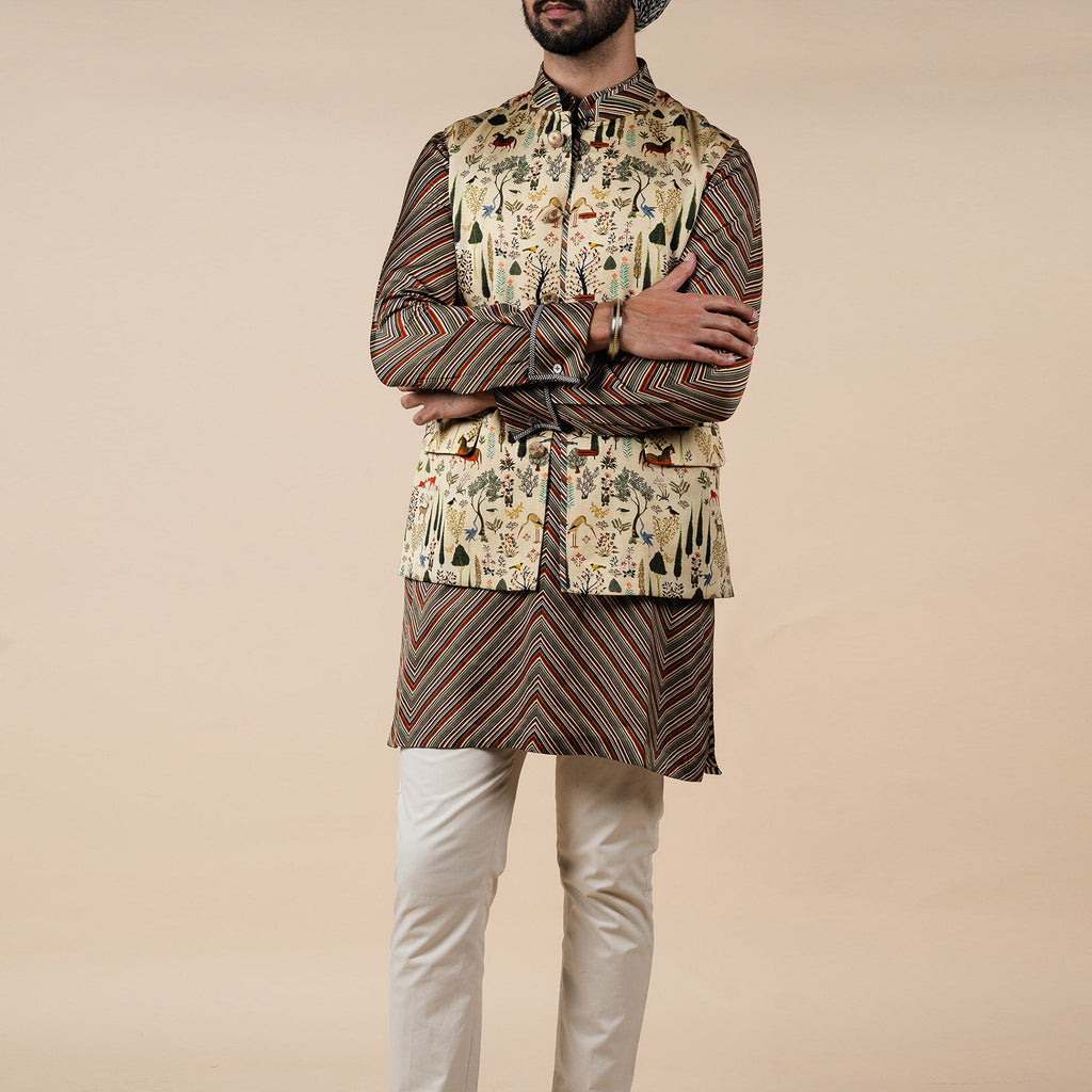 Crème Ivory Printed Nehru Jacket | PANJ