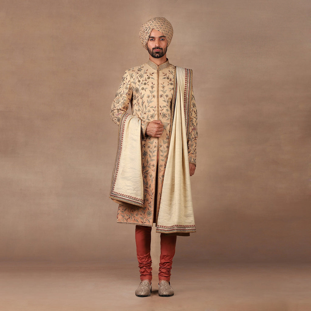 Crème Ivory - Rust Ombre Sherwani Set | MURAQQA