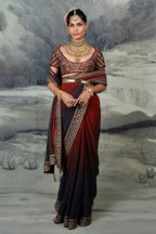 Crimson Red - Midnight Blue Ombre Saree Set | BARODA