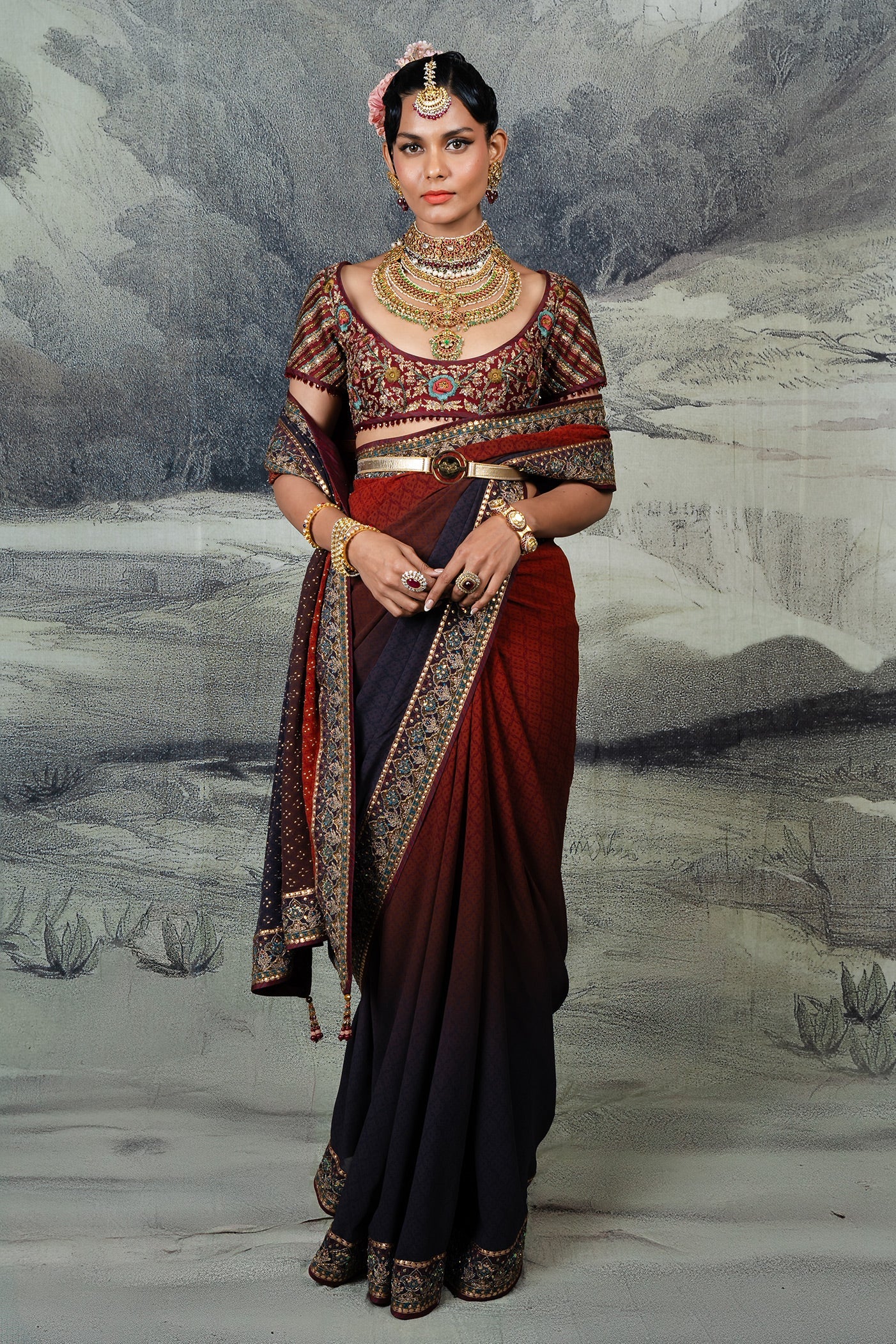 Crimson Red - Midnight Blue Ombre Saree Set | BARODA