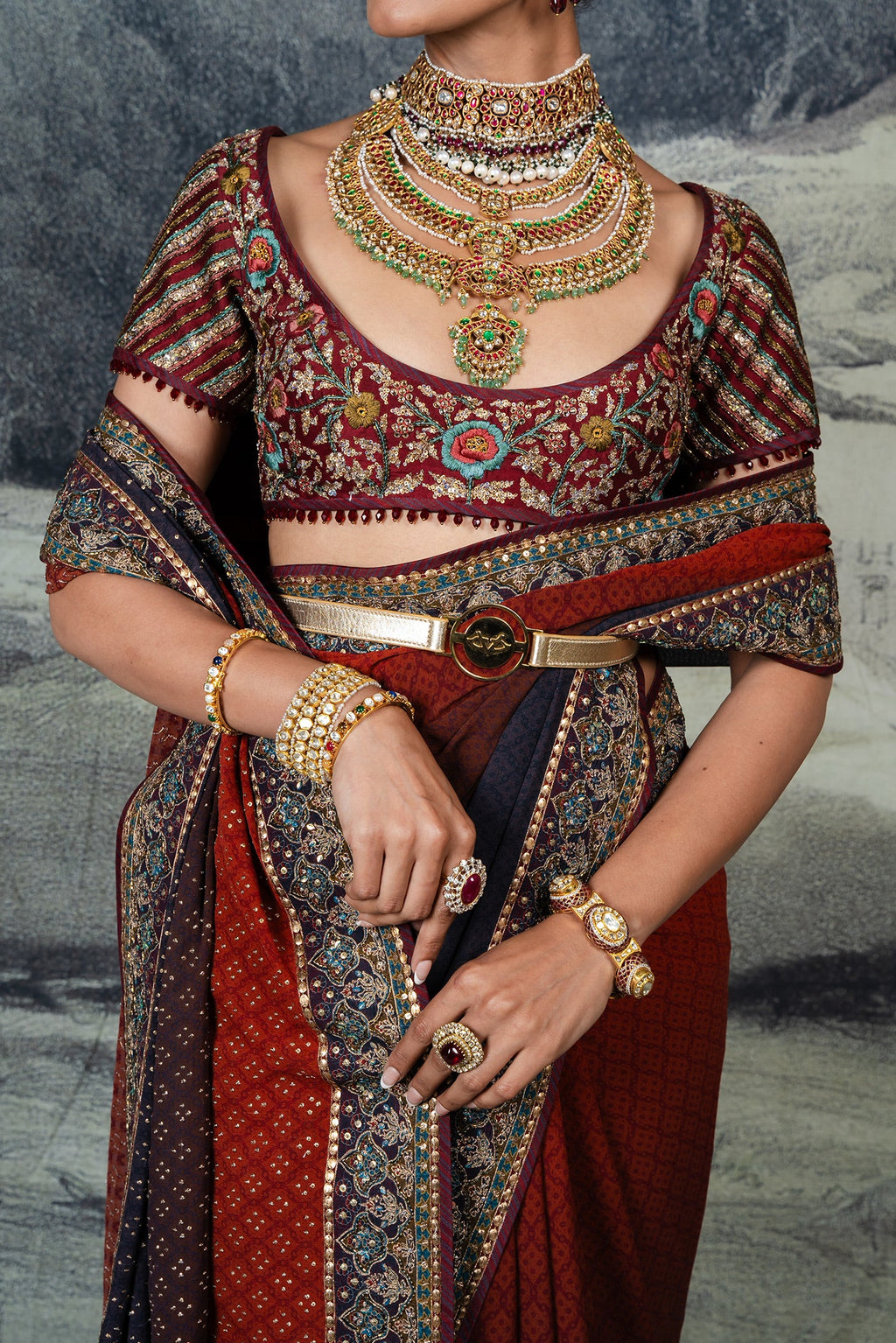 Crimson Red - Midnight Blue Ombre Saree Set | BARODA