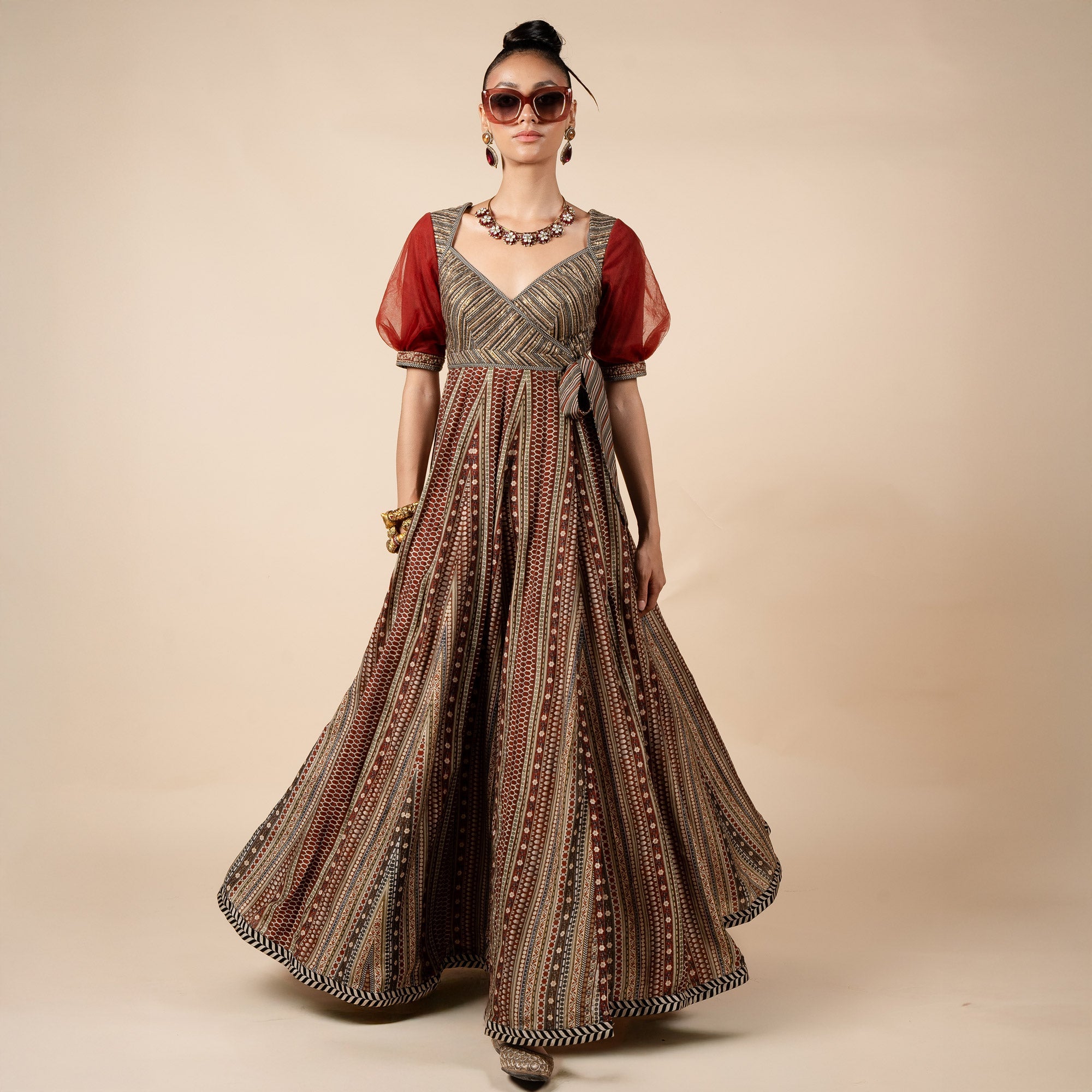 Crimson Red Striped Anarkali | PANJ