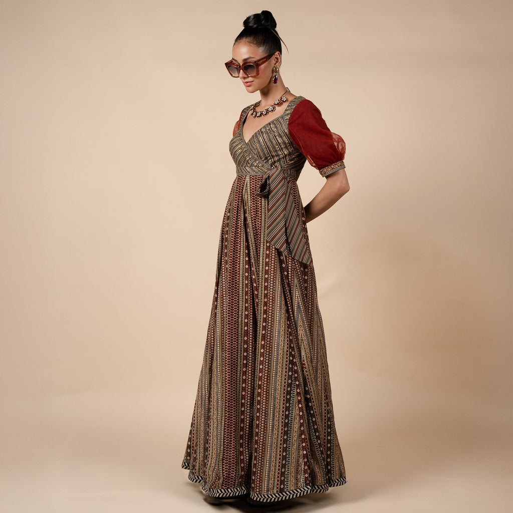 Crimson Red Striped Anarkali | PANJ