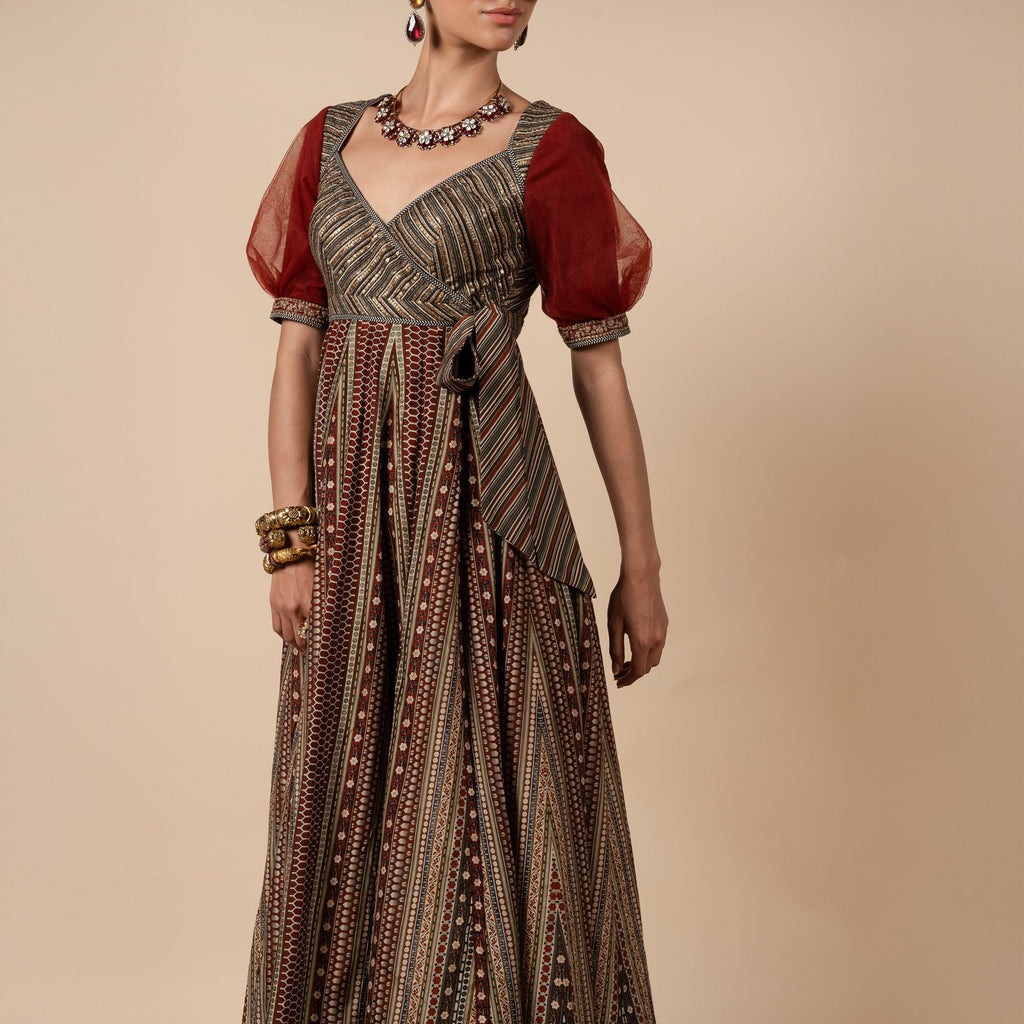 Crimson Red Striped Anarkali | PANJ