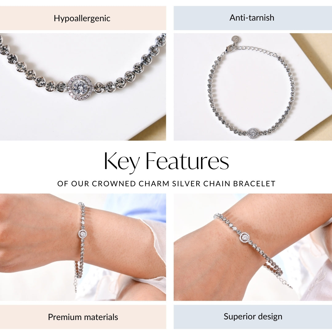 Crowned Charm Silver Chain Bracelet