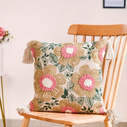 Ribbon And Punch Needle Embroidery Cushion Case 16x16 Inch