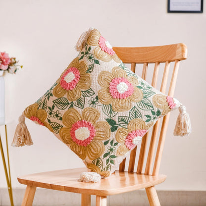 Ribbon And Punch Needle Embroidery Cushion Case 16x16 Inch