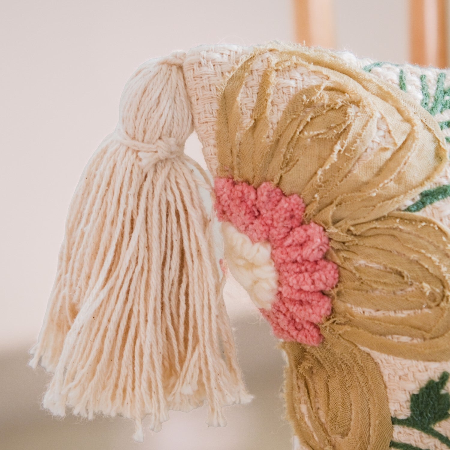 Ribbon And Punch Needle Embroidery Cushion Case 16x16 Inch